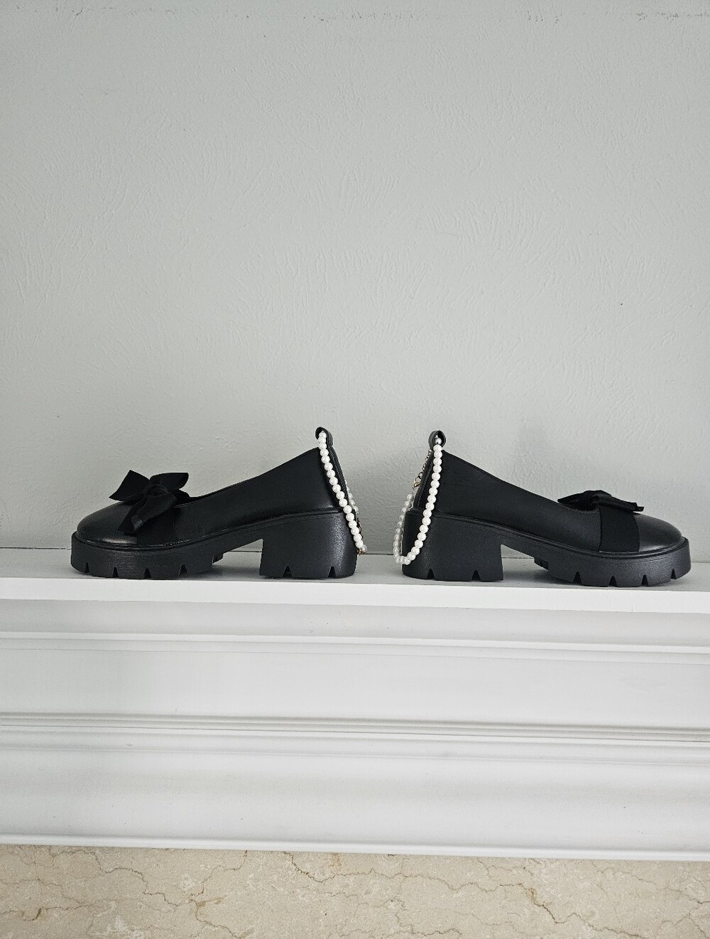 NWOT Black Lug Sole Platform Mary Janes With Faux Pearl Ankle Strap